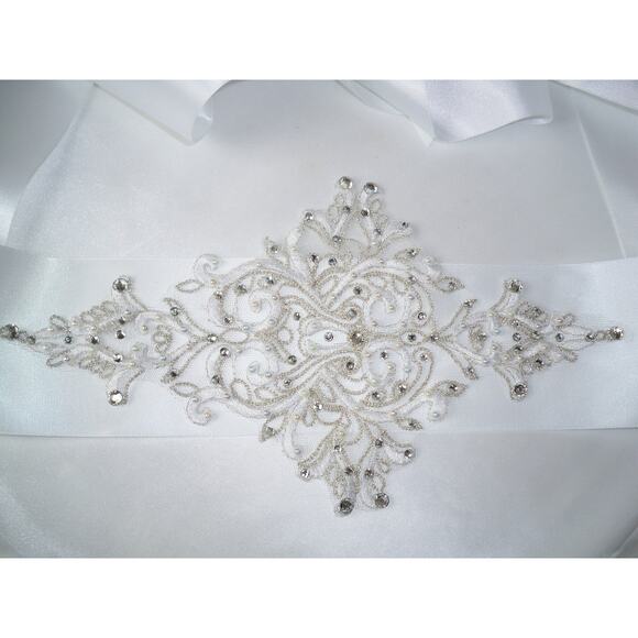 White lace beaded bridal belt sash rhinestone lace wedding bridal dress belt - Picture 3 of 6